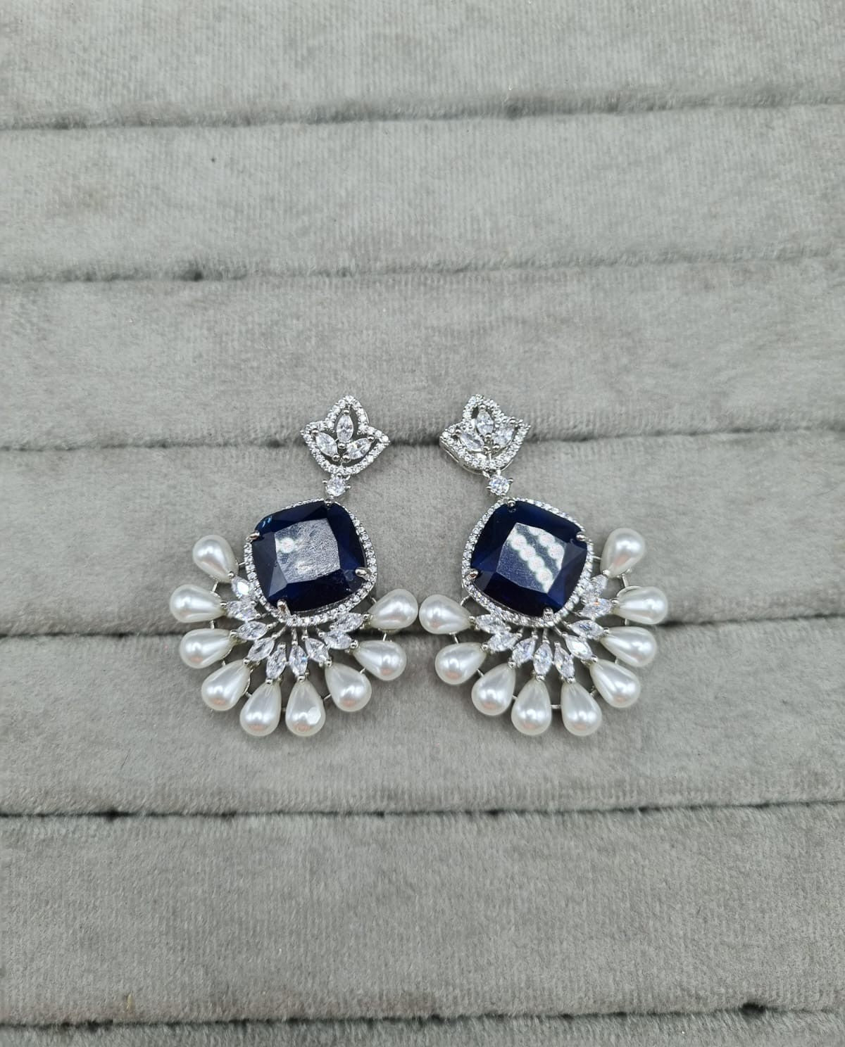 Elegant Blue Pearl Drops AD Earrings